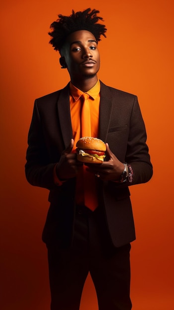 Un uomo in giacca e cravatta con in mano un hamburger davanti a uno sfondo arancione.