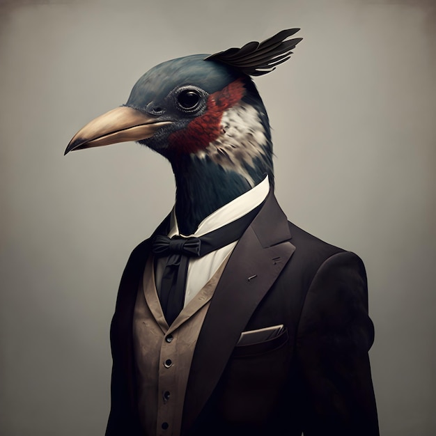 Un uomo in giacca e cravatta con sopra un uccello.