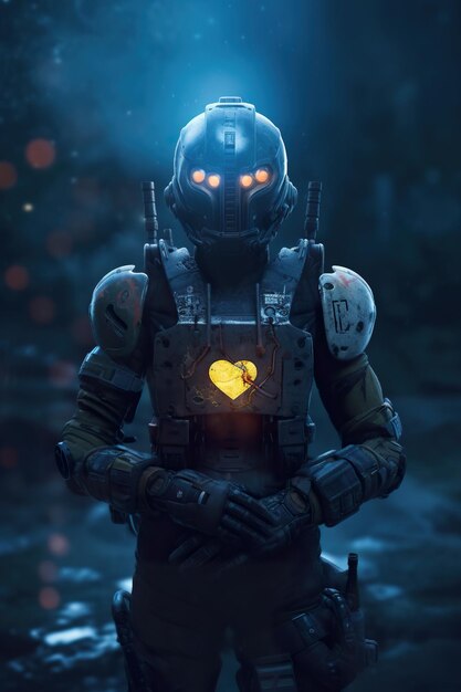 Un uomo in giacca e cravatta con un cuore incandescente sul petto Immagine di intelligenza artificiale generativa