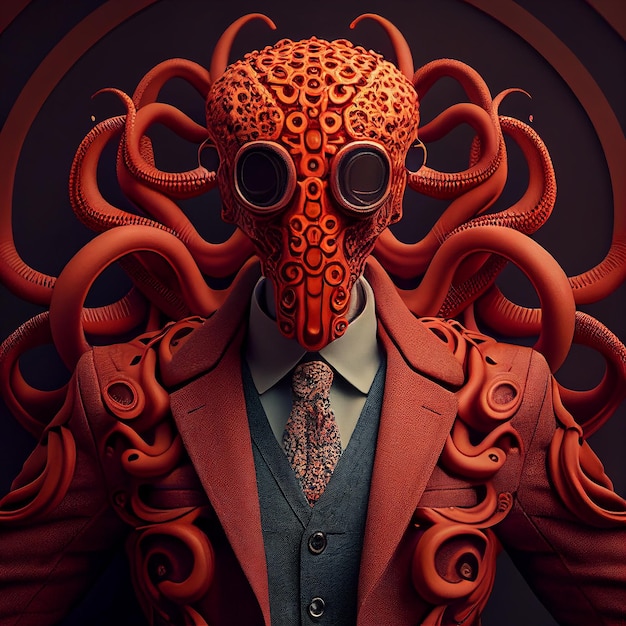 Un uomo in giacca e cravatta con una maschera rossa con sopra la parola polpo.