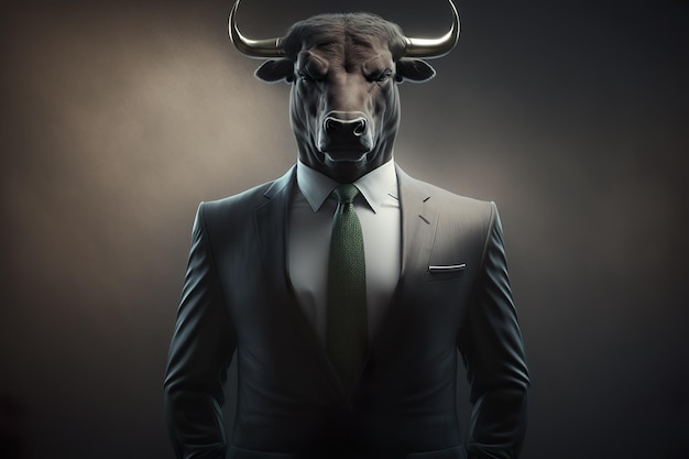 Un uomo in giacca e cravatta con una testa di toro.