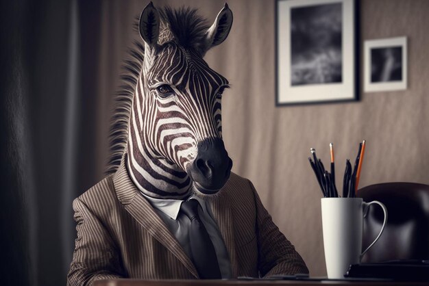 Un uomo in giacca e cravatta con una testa di zebra sulla scrivania.