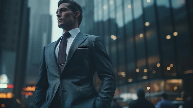 Un uomo in giacca e cravatta si trova di fronte a un edificio con un edificio sullo sfondo.