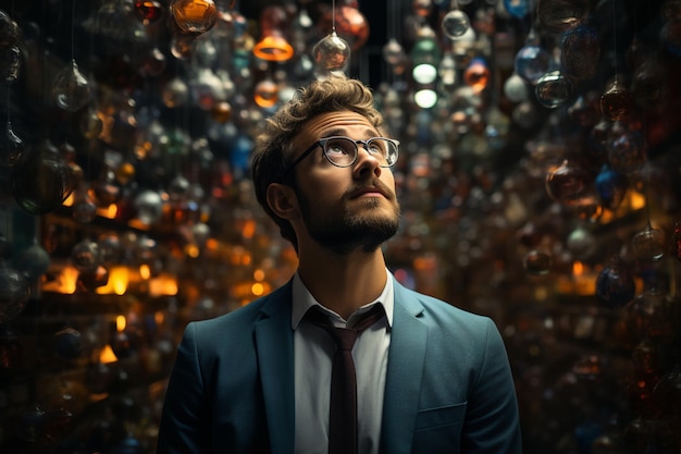 Un uomo in giacca e cravatta si trova di fronte a un muro di sfere di vetro.