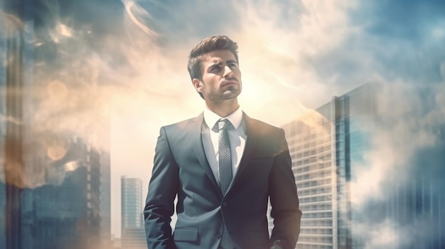 Un uomo in giacca e cravatta si trova di fronte a un paesaggio urbano.