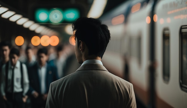 Un uomo in giacca e cravatta si trova di fronte a un treno della metropolitana con la scritta "treno" in cima.
