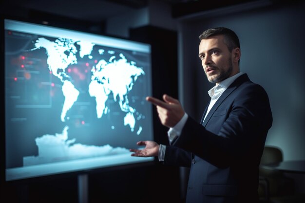 Un uomo in giacca e cravatta si trova di fronte a una mappa del mondo