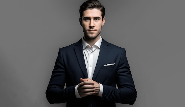 Un uomo in giacca e cravatta si trova di fronte a uno sfondo grigio.