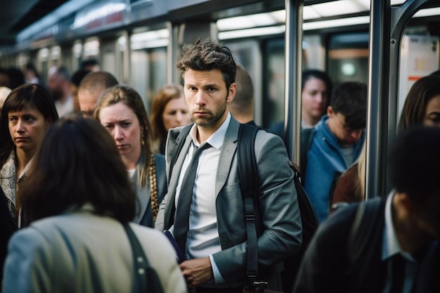 Un uomo in giacca e cravatta si trova su un treno della metropolitana con altre persone.