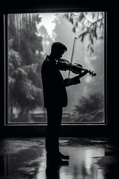 Un uomo in giacca e cravatta sta suonando un violino davanti a una finestra.