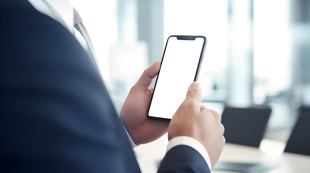 Un uomo in giacca e cravatta tiene in mano un telefono con uno schermo vuoto.