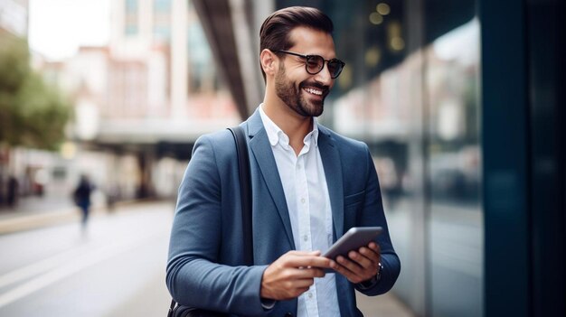 un uomo in giacca e occhiali da sole sta guardando il suo cellulare