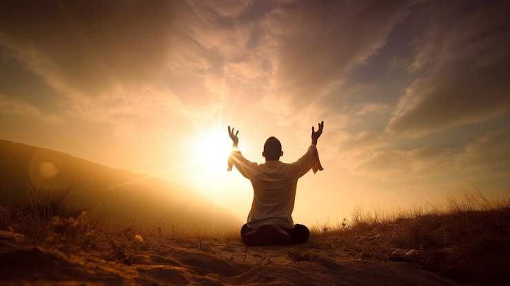 Un uomo in ginocchio e pregando per Dio percorso di connessione spirituale verso Dio pregando per il concetto di DIO