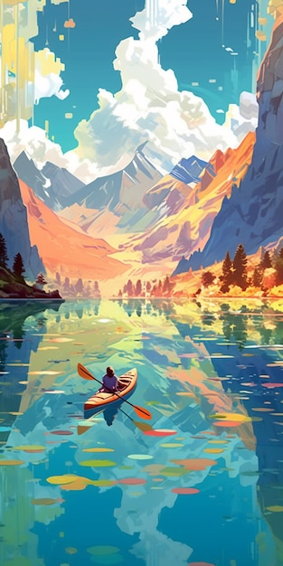 Un uomo in kayak galleggia su un lago di fronte alle montagne.