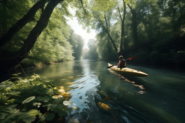 Un uomo in kayak naviga lungo il fiume in una giornata di sole