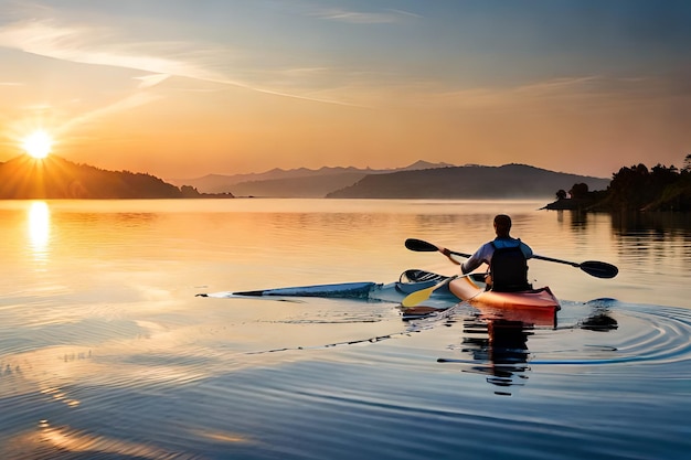 Un uomo in kayak sta pagaiando nell'acqua al tramonto.