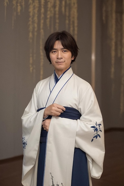 Un uomo in kimono bianco con un disegno floreale blu sul davanti.