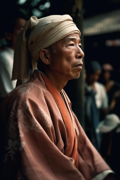 Un uomo in kimono con un cappello bianco.