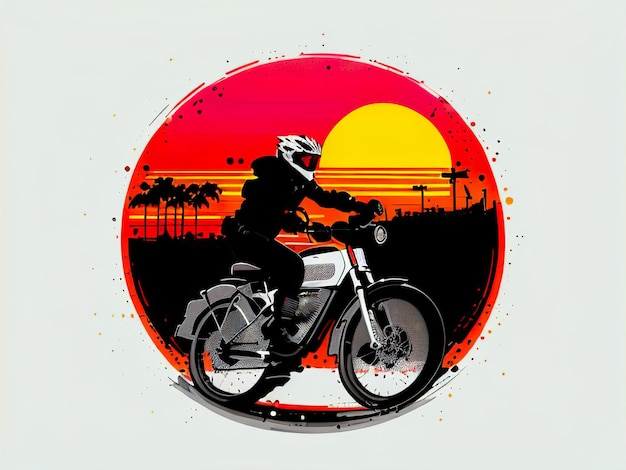 Un uomo in moto con il sole che tramonta dietro di lui.