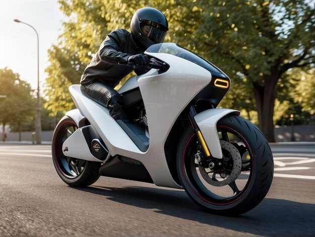 un uomo in moto lungo una strada accanto a una strada piena di alberi