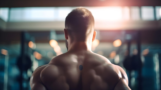 Un uomo in palestra con un tatuaggio sulla schiena