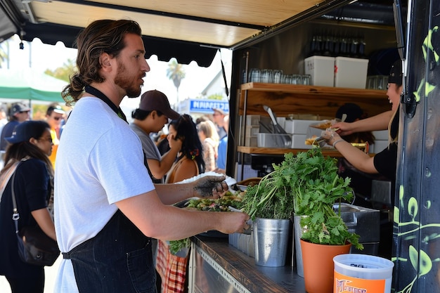 Un uomo in piedi a un bancone con un piatto pieno di cibo Un camion di cibo che vende limonata al carbone in un festival di salute