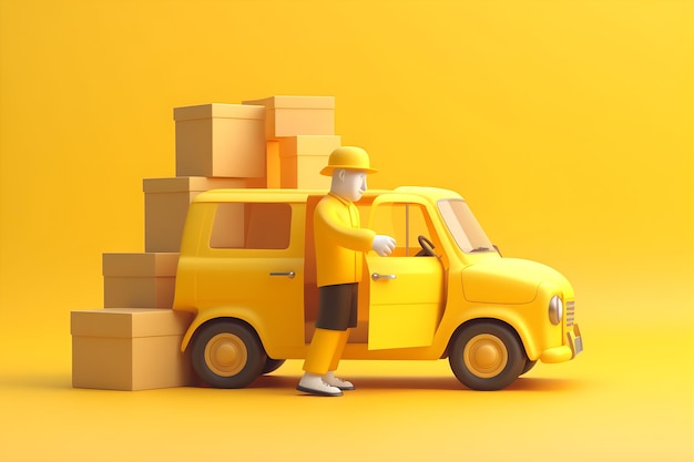 Un uomo in piedi accanto a un furgone giallo con scatole sul lato.