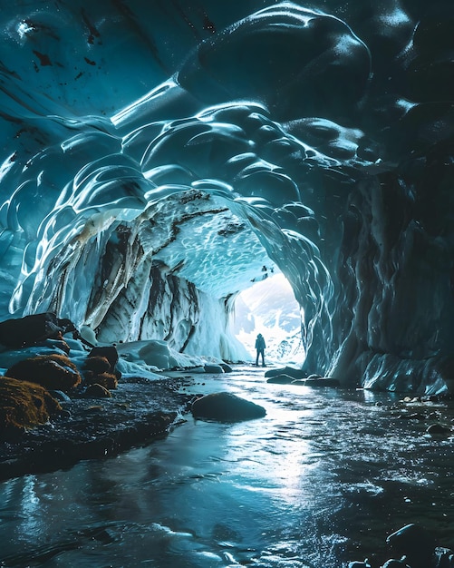 un uomo in piedi all'interno di una grande grotta di ghiaccio