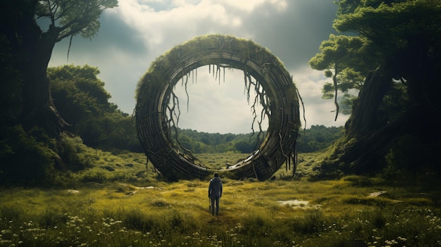 Un uomo in piedi che guarda un anello gigante coperto di vegetazione