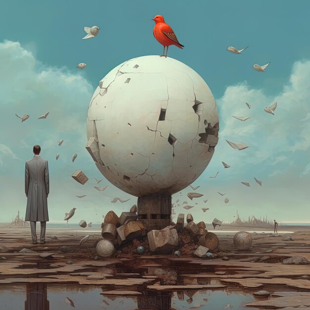 un uomo in piedi davanti a un globo con un uccello su di esso
