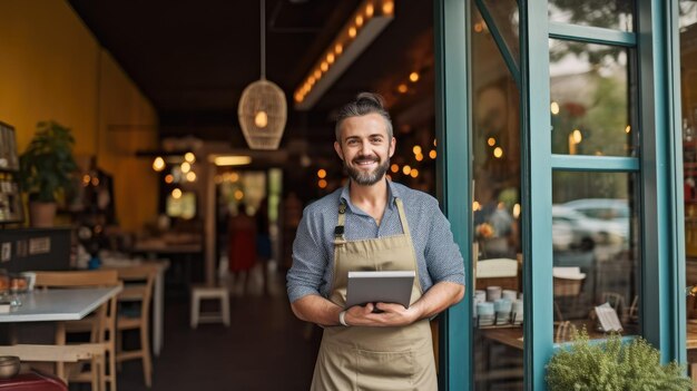 Un uomo in piedi davanti a un ristorante con in mano un tablet.