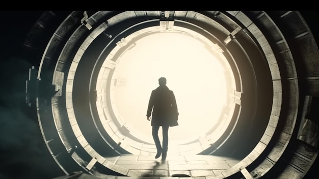 Un uomo in piedi davanti a una luce alla fine di un tunnel