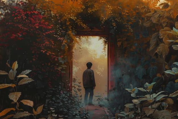 Un uomo in piedi davanti a una porta in una foresta