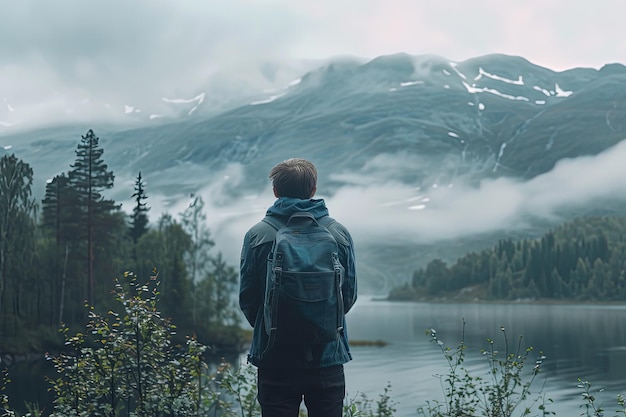 Un uomo in piedi di fronte a un lago con le montagne sullo sfondo