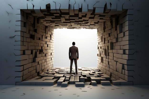 Un uomo in piedi di fronte a un muro crollato nuove decisioni sbarazzarsi delle difficoltà trovando sol.