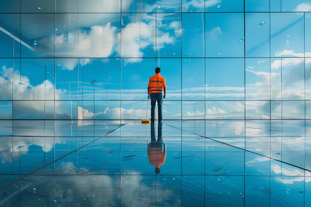 Un uomo in piedi di fronte a un muro di piastrelle con un riflesso di nuvole in esso e un premio cielo blu