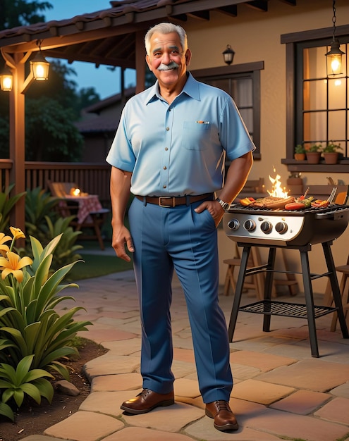 un uomo in piedi di fronte a un patio con una griglia