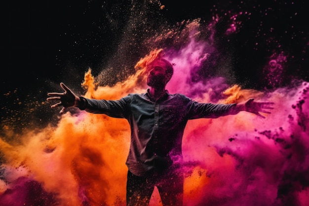 Un uomo in piedi di fronte a una nube di polvere colorata generativa ai immagine