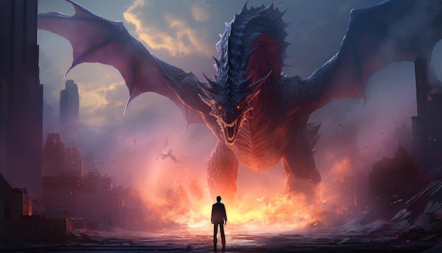 Un uomo in piedi e guarda un drago gigante distruggere una città futuristica