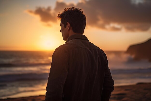 un uomo in piedi e guardando il cielo in riva al mare al tramonto