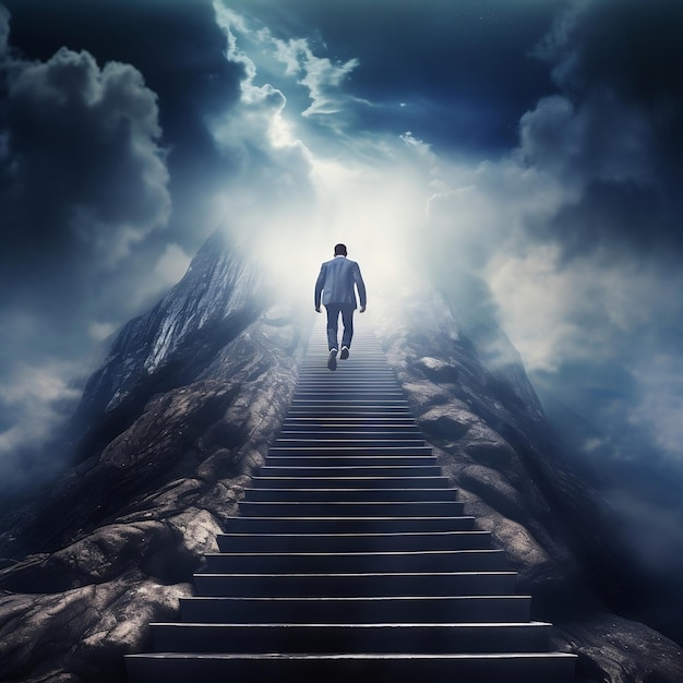 Un uomo in piedi in cima a una scalinata AI