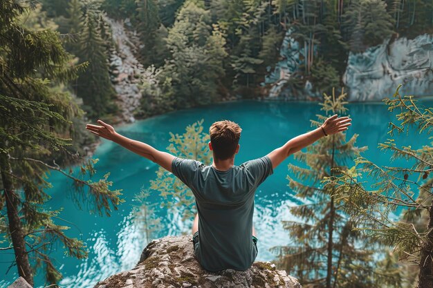 Un uomo in piedi in cima a una scogliera accanto a un lago