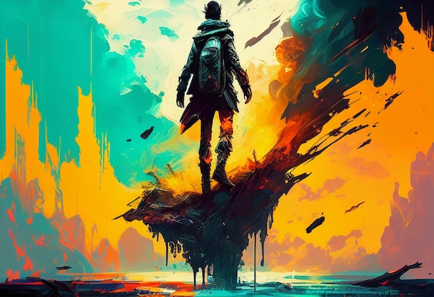 Un uomo in piedi in cima a una scogliera Arte cyberpunk Tavolozza blu e arancione Colore apocalittico brillante IA generativa