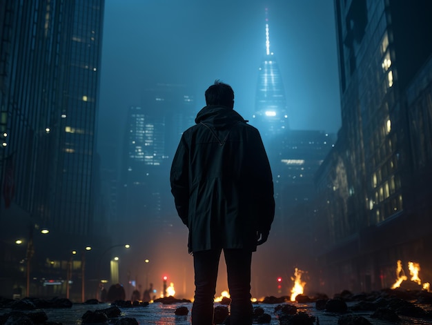 un uomo in piedi in mezzo a una strada cittadina di notte