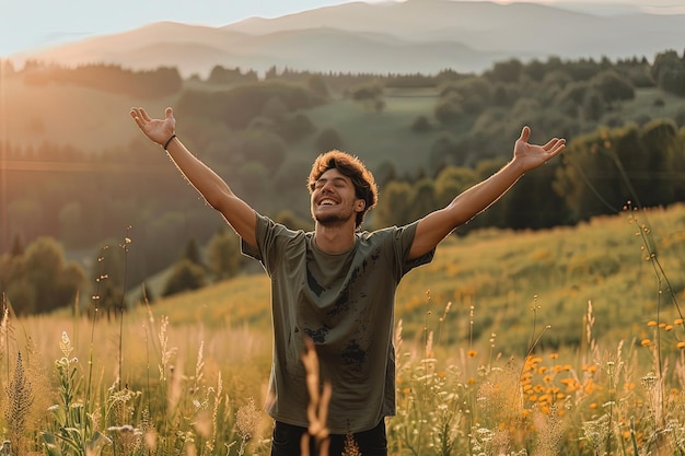 Un uomo in piedi in un campo con le braccia tese