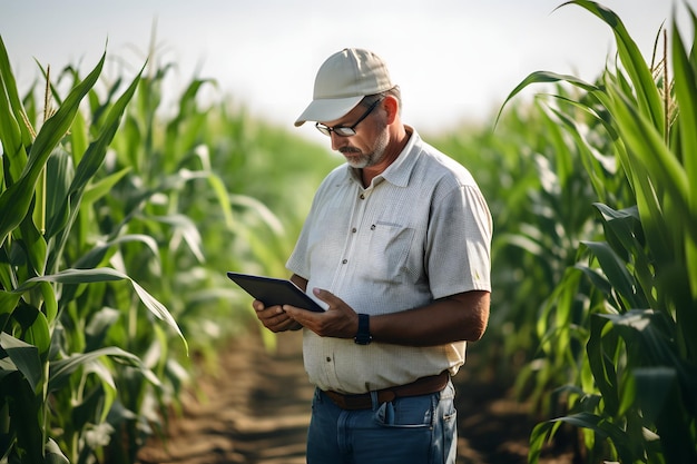 Un uomo in piedi in un campo di grano guardando tablet