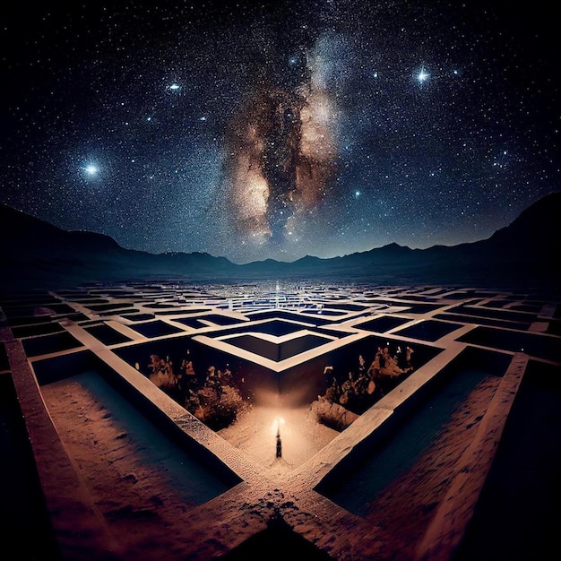 Un uomo in piedi in un labirinto con la Via Lattea sullo sfondo.