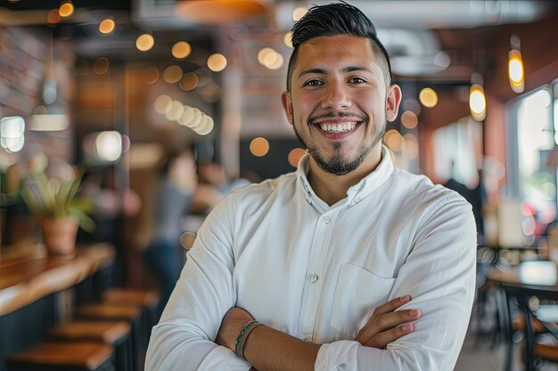 Un uomo in piedi in un ristorante con le braccia incrociate