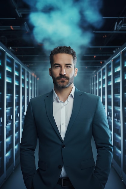 Un uomo in piedi in una sala server piena di luci blu
