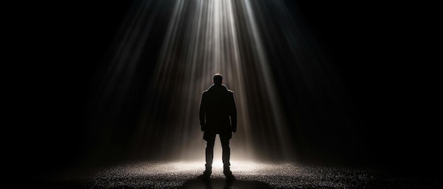 un uomo in piedi nel mezzo di una stanza buia